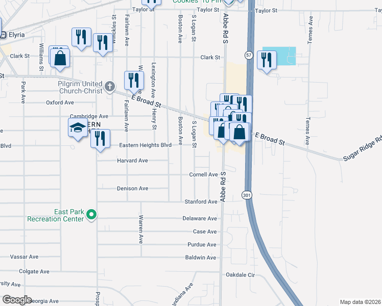 map of restaurants, bars, coffee shops, grocery stores, and more near 611 South Logan Street in Elyria