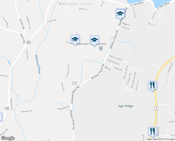 map of restaurants, bars, coffee shops, grocery stores, and more near 285 Baldwin Place Road in Mahopac