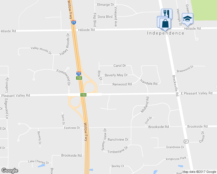 map of restaurants, bars, coffee shops, grocery stores, and more near 6676 Renwood Road in Independence