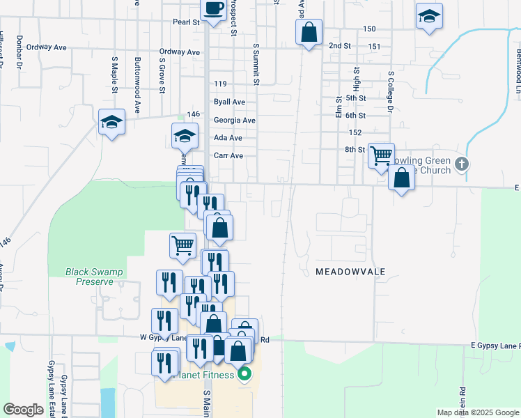 map of restaurants, bars, coffee shops, grocery stores, and more near 300 Napoleon Road in Bowling Green