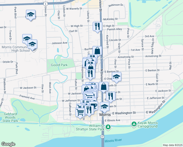 map of restaurants, bars, coffee shops, grocery stores, and more near 199 East Benton Street in Morris