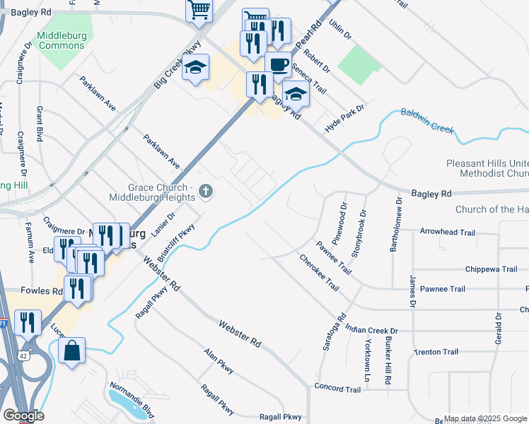 map of restaurants, bars, coffee shops, grocery stores, and more near 14940 Cherokee Trail in Middleburg Heights