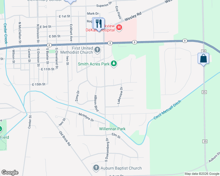map of restaurants, bars, coffee shops, grocery stores, and more near 1201-1299 South Dewey Street in Auburn