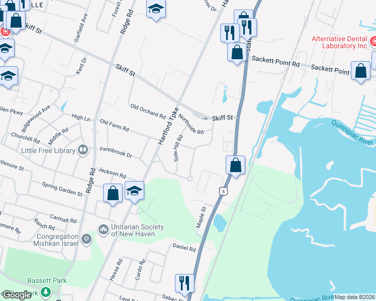 map of restaurants, bars, coffee shops, grocery stores, and more near 80 Vineyard Road in Hamden