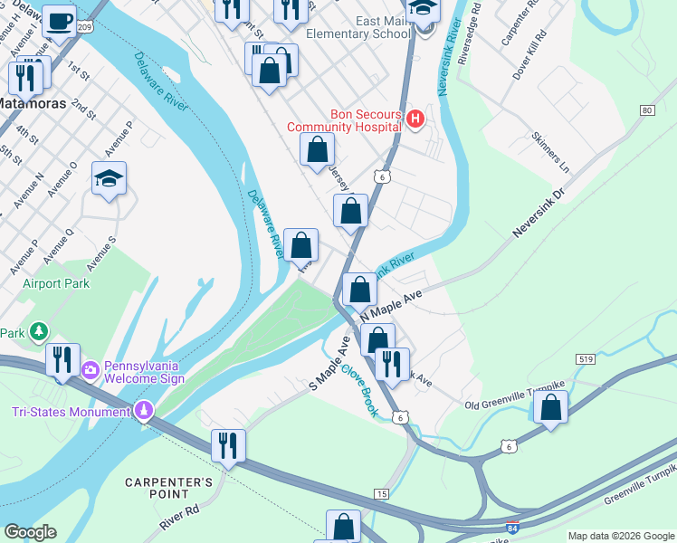 map of restaurants, bars, coffee shops, grocery stores, and more near 228 East Main Street in Port Jervis