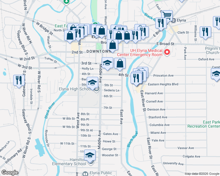 map of restaurants, bars, coffee shops, grocery stores, and more near 228 5th Street in Elyria