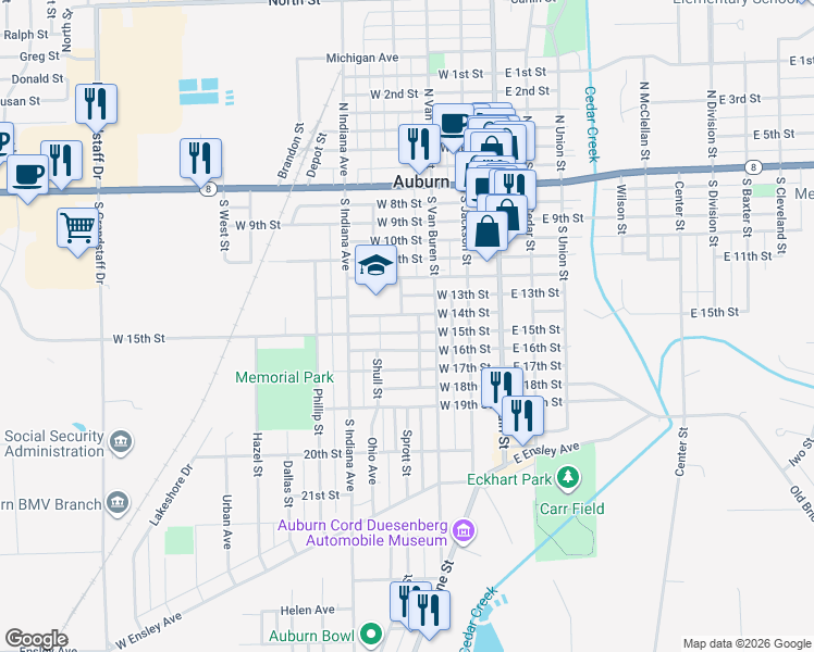 map of restaurants, bars, coffee shops, grocery stores, and more near 317 West 15th Street in Auburn