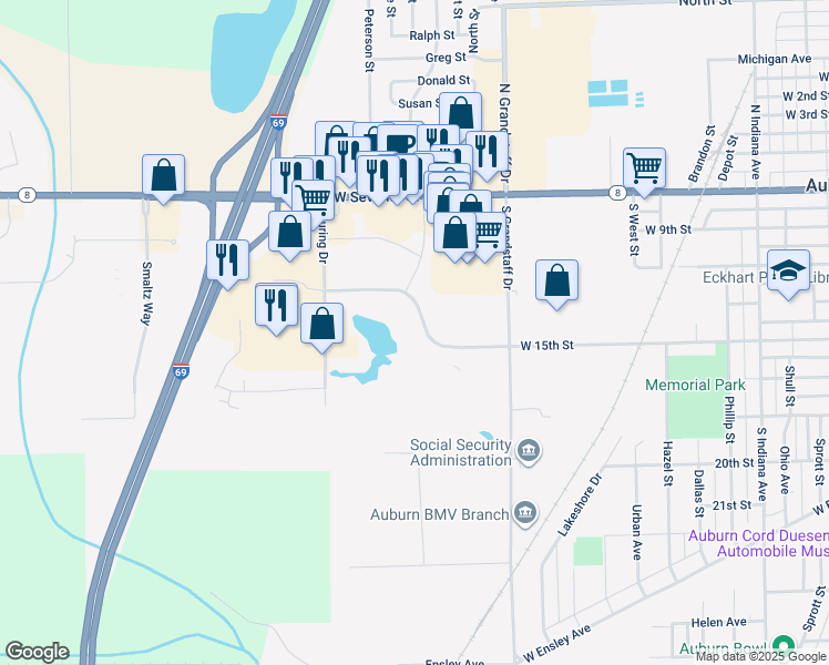map of restaurants, bars, coffee shops, grocery stores, and more near 1117 West 15th Street in Auburn