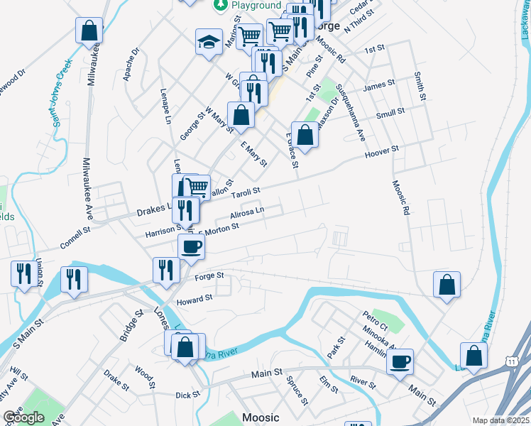 map of restaurants, bars, coffee shops, grocery stores, and more near 247 East Morton Street in Old Forge