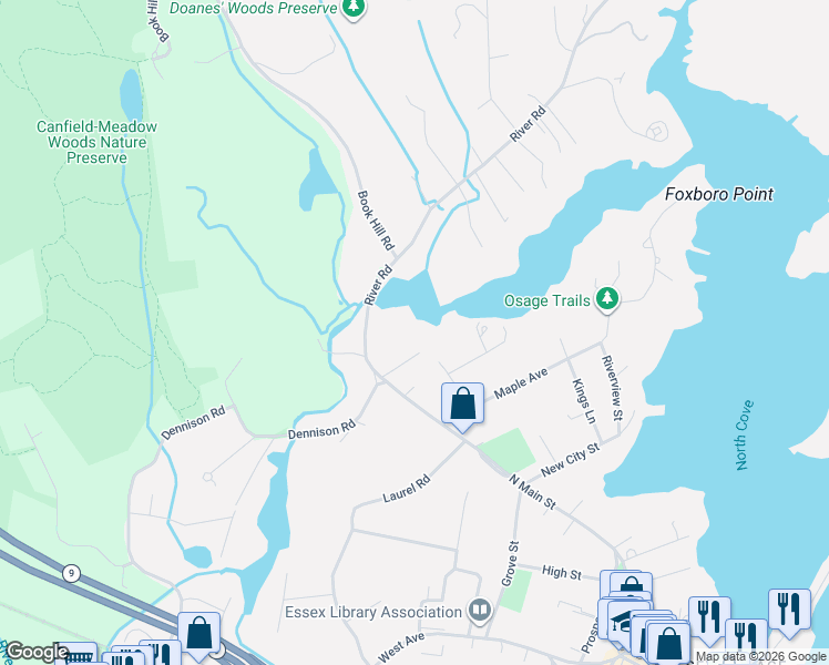 map of restaurants, bars, coffee shops, grocery stores, and more near 13 Mill Road in Essex
