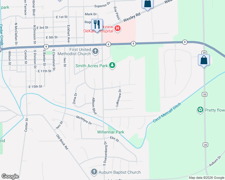 map of restaurants, bars, coffee shops, grocery stores, and more near 1201-1299 South Dewey Street in Auburn
