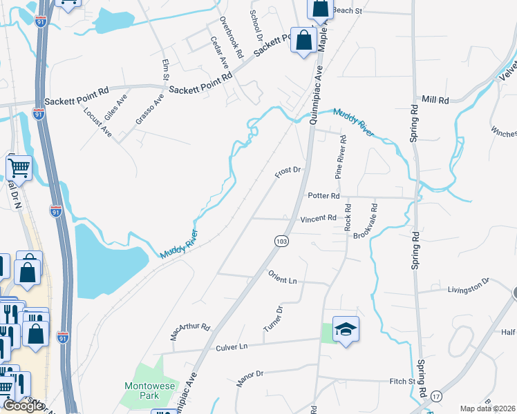 map of restaurants, bars, coffee shops, grocery stores, and more near 36 Frost Drive in North Haven