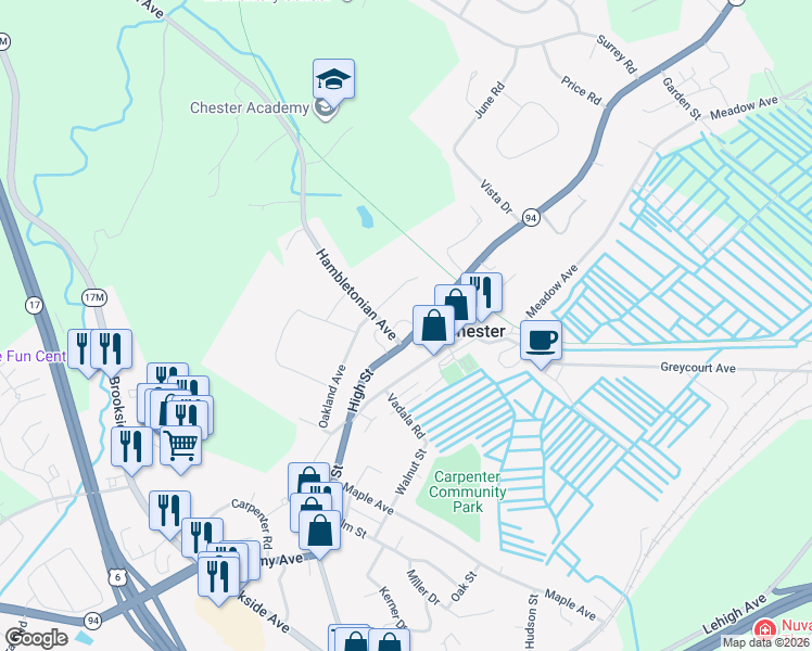 map of restaurants, bars, coffee shops, grocery stores, and more near 19 New York 94 in Chester