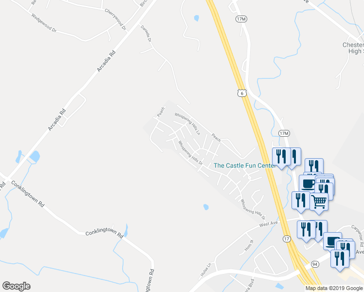 map of restaurants, bars, coffee shops, grocery stores, and more near 2007 Whispering Hills in Chester