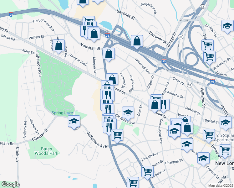 map of restaurants, bars, coffee shops, grocery stores, and more near 436 Broad Street in New London