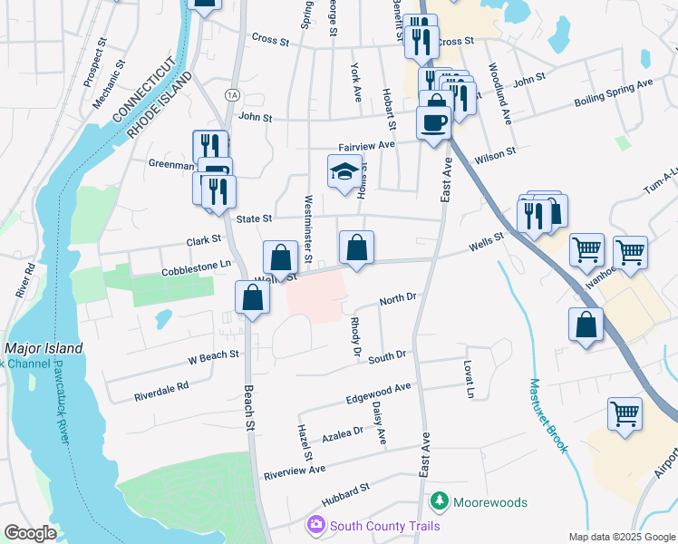 map of restaurants, bars, coffee shops, grocery stores, and more near 35 Wells Street in Westerly