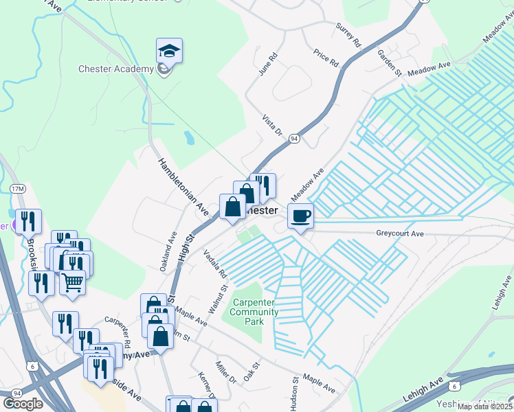 map of restaurants, bars, coffee shops, grocery stores, and more near in Chester