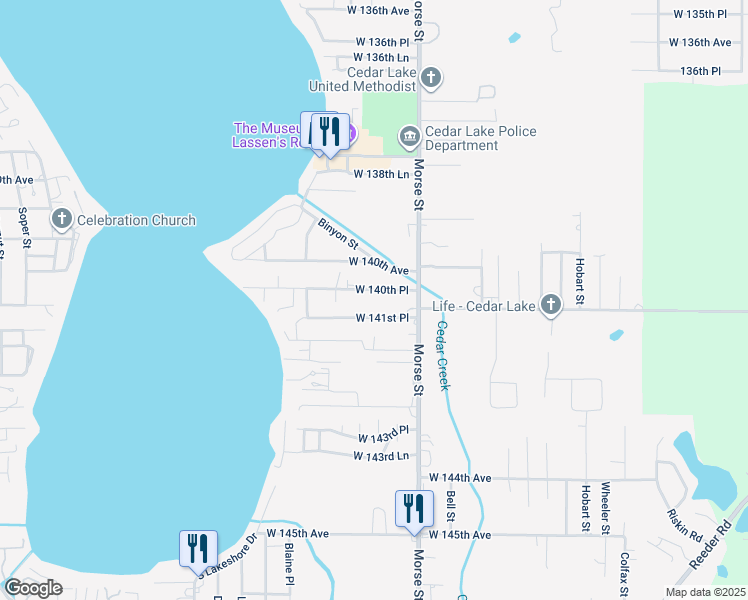 map of restaurants, bars, coffee shops, grocery stores, and more near 7300 West 141st Place in Cedar Lake
