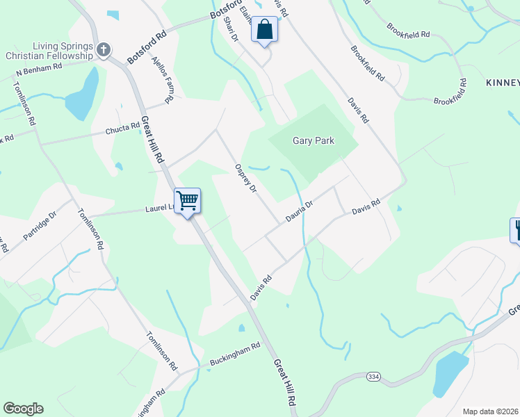 map of restaurants, bars, coffee shops, grocery stores, and more near 3 Osprey Drive in Seymour