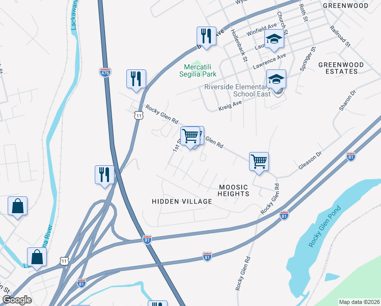 map of restaurants, bars, coffee shops, grocery stores, and more near 301 North Third Street in Moosic