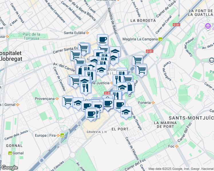 map of restaurants, bars, coffee shops, grocery stores, and more near 8 Avinguda de la Granvia de l’Hospitalet in L'Hospitalet de Llobregat