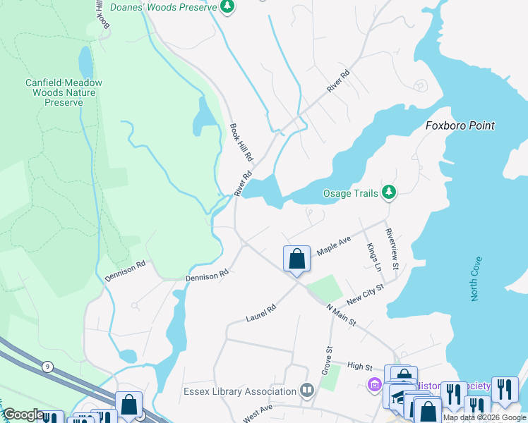 map of restaurants, bars, coffee shops, grocery stores, and more near 13 Mill Road in Essex