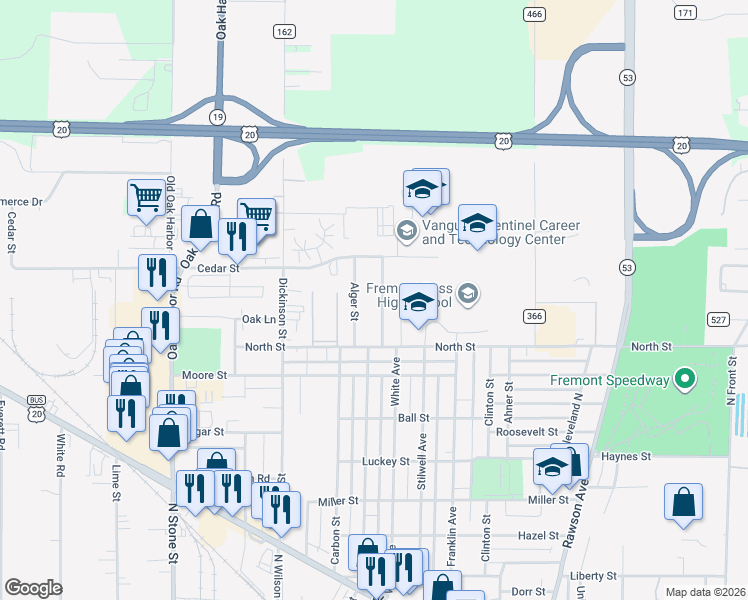 map of restaurants, bars, coffee shops, grocery stores, and more near 1431 Alger Street in Fremont