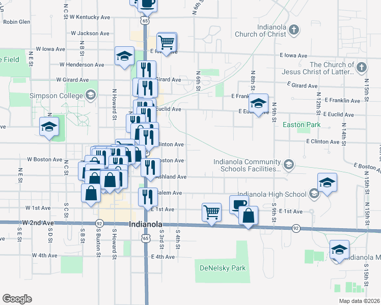 map of restaurants, bars, coffee shops, grocery stores, and more near 302 North 5th Street in Indianola