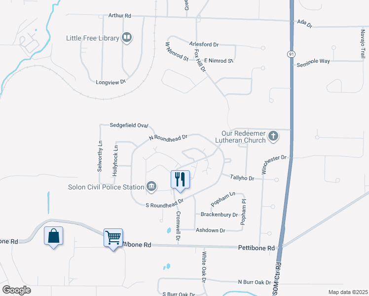 map of restaurants, bars, coffee shops, grocery stores, and more near 32519 Jefferson Drive in Solon