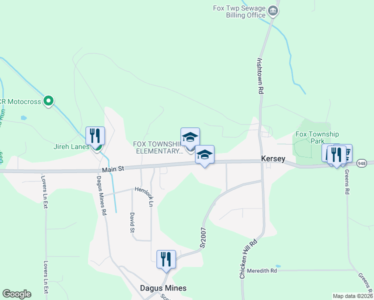 map of restaurants, bars, coffee shops, grocery stores, and more near 376 Main Street in Kersey
