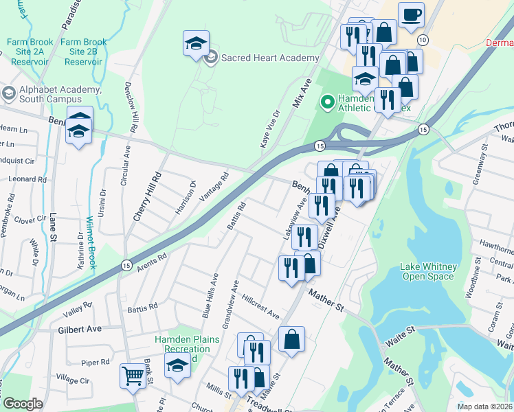 map of restaurants, bars, coffee shops, grocery stores, and more near 111 Maplewood Terrace in Hamden