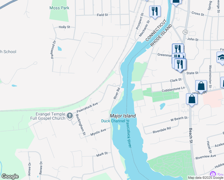 map of restaurants, bars, coffee shops, grocery stores, and more near 12 River Road in Stonington