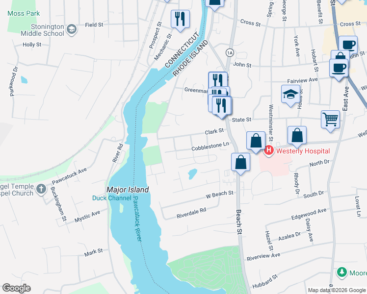 map of restaurants, bars, coffee shops, grocery stores, and more near 27 Cobblestone Lane in Westerly