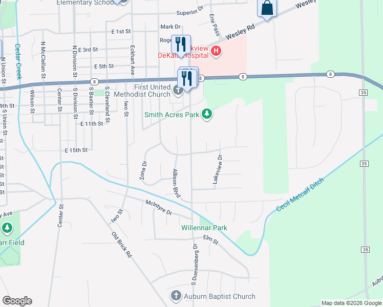 map of restaurants, bars, coffee shops, grocery stores, and more near 1201 South Dewey Street in Auburn