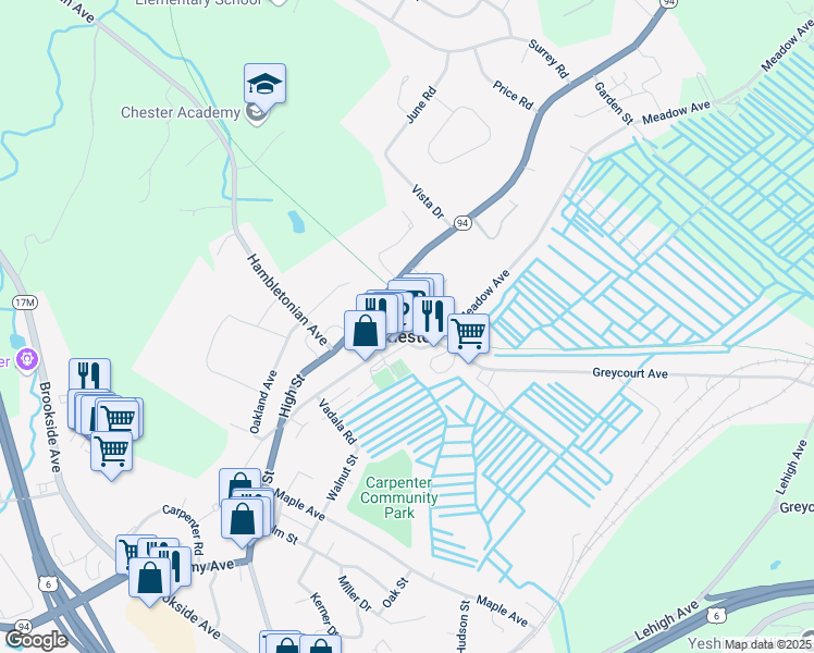 map of restaurants, bars, coffee shops, grocery stores, and more near in Chester