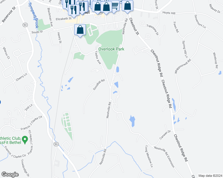 map of restaurants, bars, coffee shops, grocery stores, and more near 64 Nashville Road in Bethel