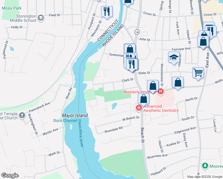 map of restaurants, bars, coffee shops, grocery stores, and more near 27 Cobblestone Lane in Westerly