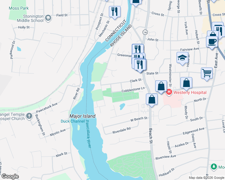 map of restaurants, bars, coffee shops, grocery stores, and more near 27 Cobblestone Lane in Westerly