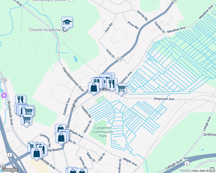 map of restaurants, bars, coffee shops, grocery stores, and more near in Chester