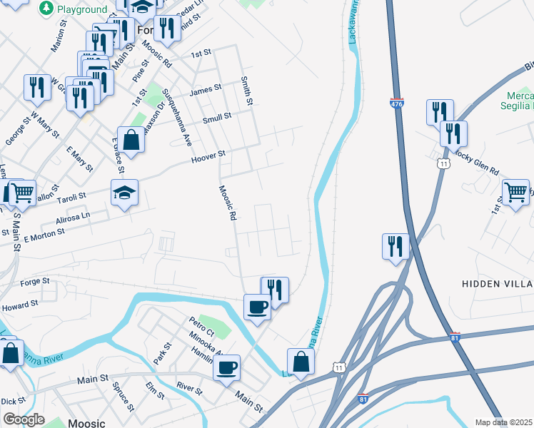 map of restaurants, bars, coffee shops, grocery stores, and more near 745 Glenwood Road in Old Forge
