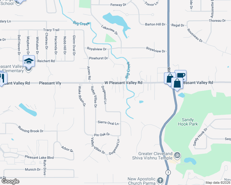 map of restaurants, bars, coffee shops, grocery stores, and more near 7413 Dogwood Lane in Parma