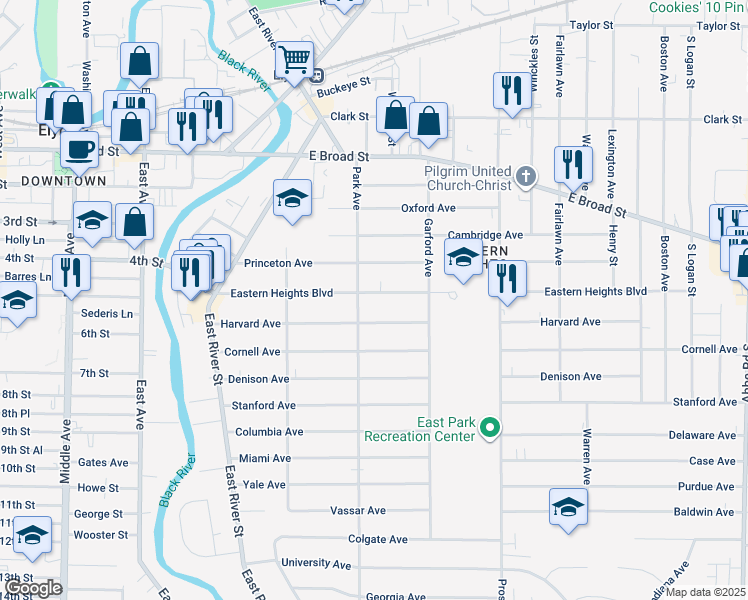 map of restaurants, bars, coffee shops, grocery stores, and more near 324 Harvard Avenue in Elyria