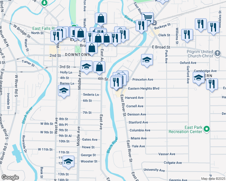 map of restaurants, bars, coffee shops, grocery stores, and more near 135 Charles Court in Elyria