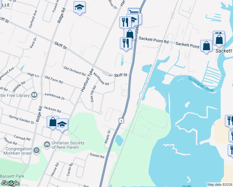map of restaurants, bars, coffee shops, grocery stores, and more near 58 Vineyard Road in North Haven