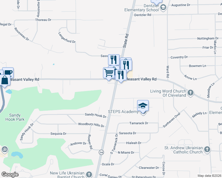 map of restaurants, bars, coffee shops, grocery stores, and more near 7462 State Road in Parma