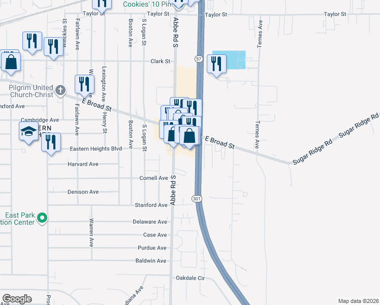 map of restaurants, bars, coffee shops, grocery stores, and more near 1057 East Broad Street in Elyria