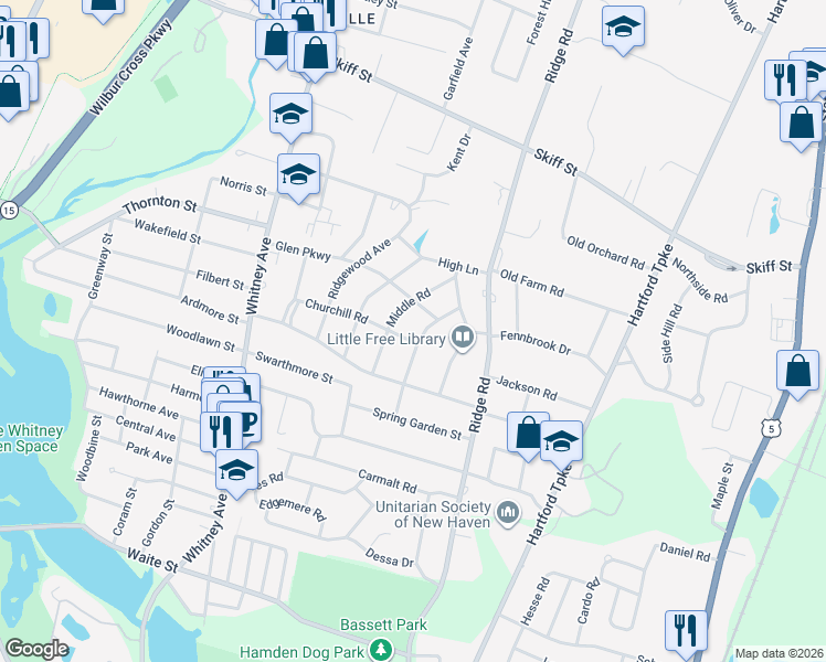 map of restaurants, bars, coffee shops, grocery stores, and more near 38 Broadfield Road in Hamden