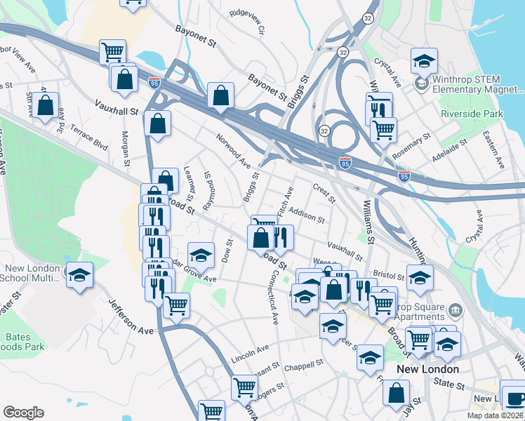 map of restaurants, bars, coffee shops, grocery stores, and more near 203 Ledyard Street in New London