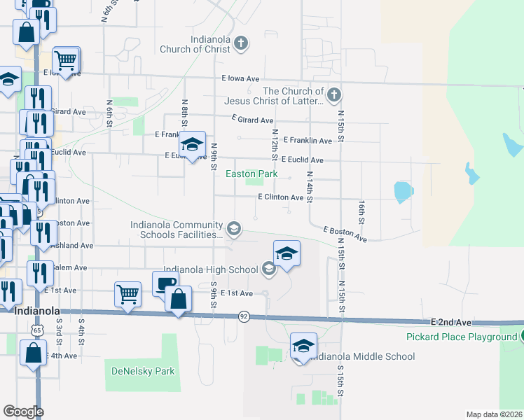 map of restaurants, bars, coffee shops, grocery stores, and more near 304 North 11th Street in Indianola