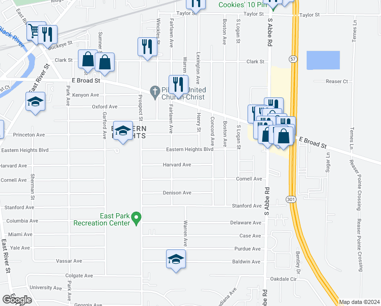 map of restaurants, bars, coffee shops, grocery stores, and more near 633 Eastern Heights Boulevard in Elyria